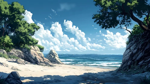 Sunny hidden cove where bright clouds meet calm waves.