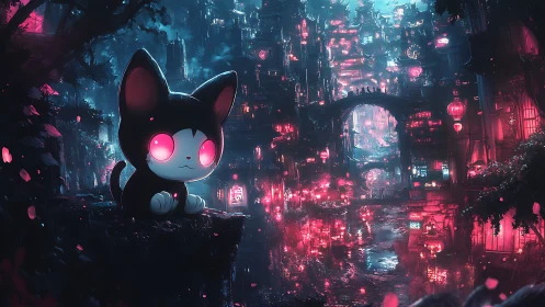 Glow-eyed kitten watching over a neon dream cityscape.