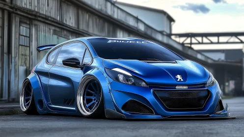 Blue widebody Peugeot hatchback slams low on forged wheels.