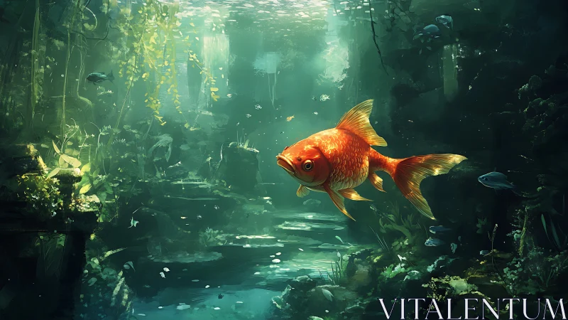 Golden wanderer drifts through a forest of drowned light