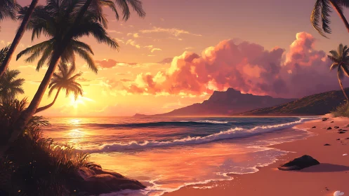 Soft sunset glow welcomes a peaceful tropical beach walk