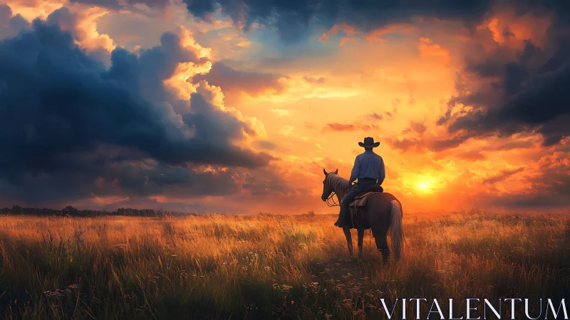 Lone cowboy on horseback soaking in a glowing prairie sunset.