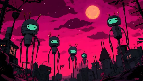 Long-legged moonlit robots parade across neon dusk skies.