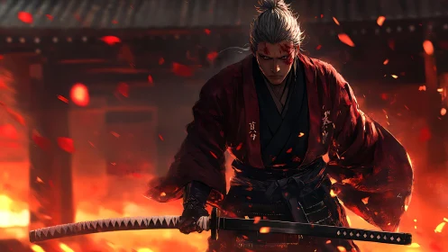 Samurai swordsman in red robe amid burning structure.
