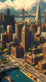 Rendered coastal cityscape with bridge and dense downtown core.