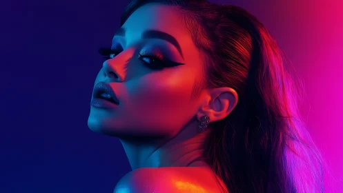 Neon lit glamour portrait with bold makeup in profile