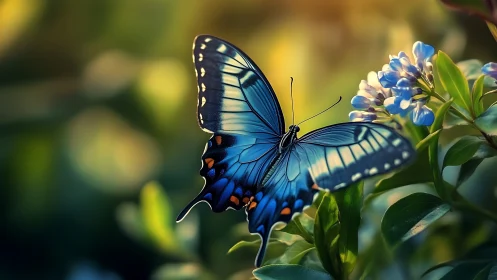 Gentle blue butterfly resting in a sunlit garden moment.