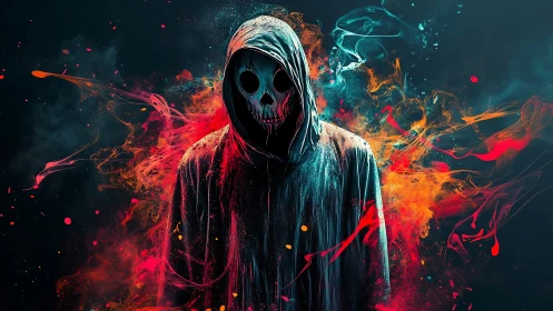 Hooded grim figure amid explosive neon firestorm colors.