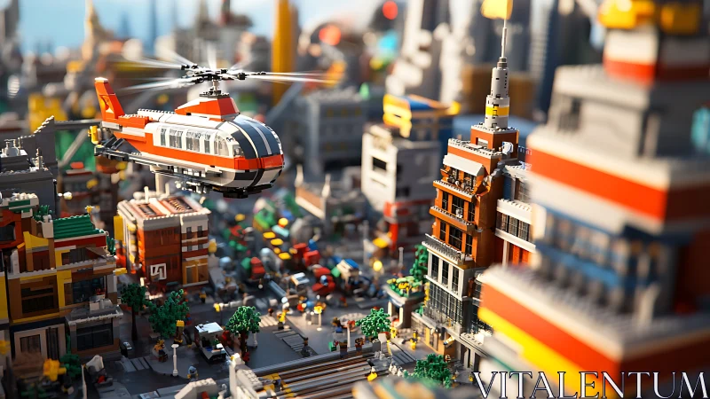 Lego cityscape with rescue helicopter above busy streets.