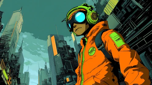 Cyberpunk urban explorer surveys towering neon cityscape