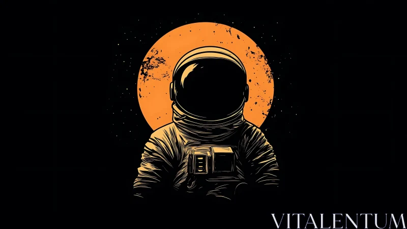 Solitary astronaut silhouette against bold orange planet.