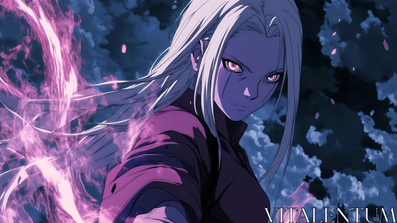 Silver haired warrior channels violet energy under storm sky