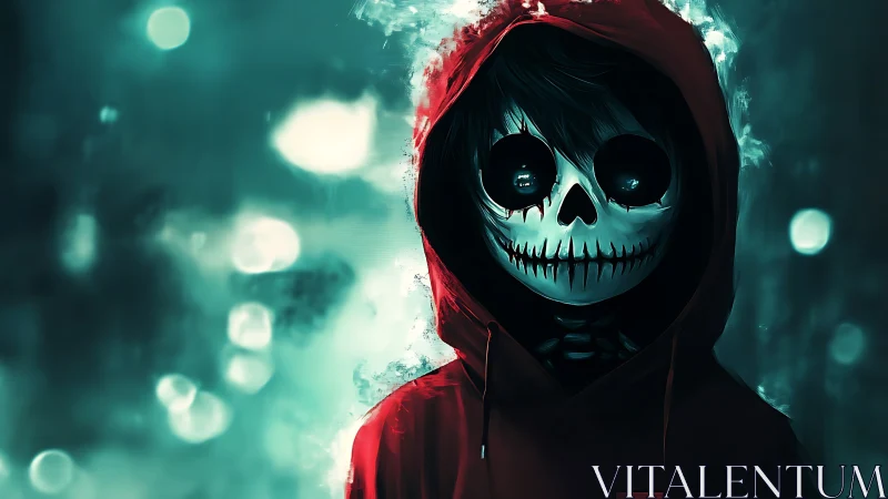 Midnight skull-hooded figure glows softly in neon mist