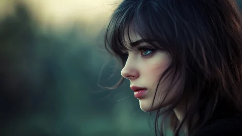 Profile portrait of pensive woman in soft cinematic bokeh light