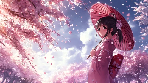 Anime girl under cherry blossoms with pink parasol in spring.