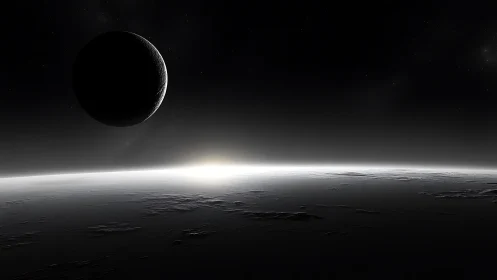 Lunar silhouette over frozen horizon with distant sunrise.