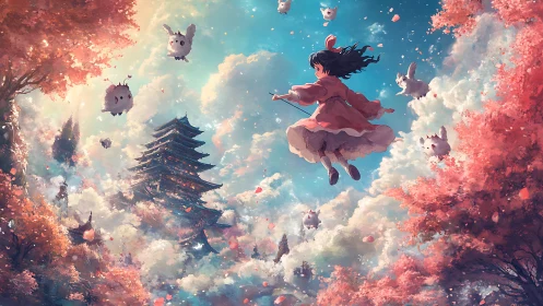 Skyward anime girl levitates above pagoda amid drifting petals and clouds