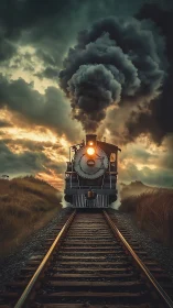 Steam locomotive on sunset railway, frontal telephoto view