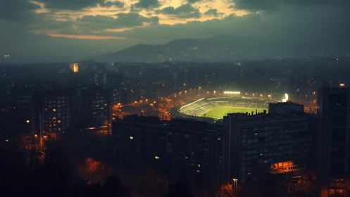 Foggy dusk cityscape with illuminated football stadium core