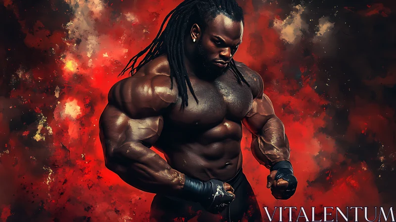 Powerful bodybuilder framed by bold red energy bursts.