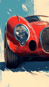 Low-angle rendering of vintage red race car with expressive brushwork