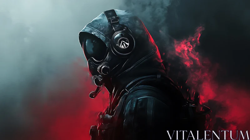 Hooded sci fi wanderer walking through stormy red mist.