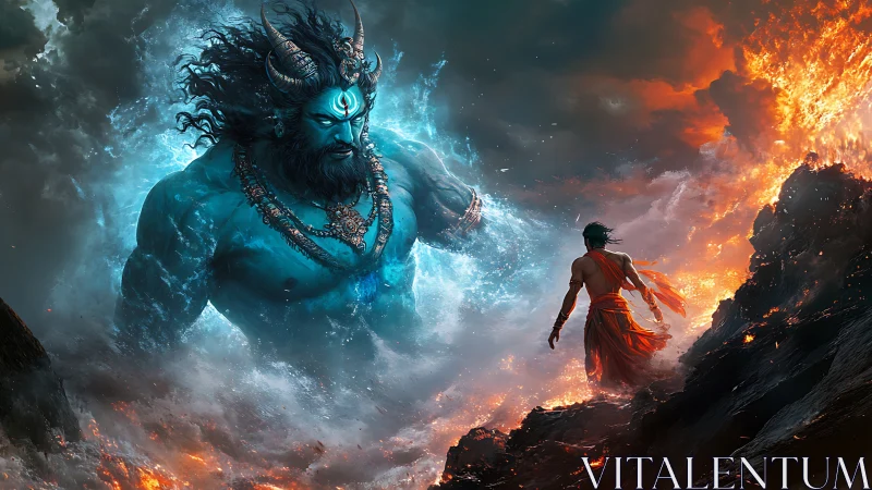 Colossal blue deity confronts lone figure amid fire and mist