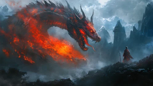 Infernal dragon confronts lone warrior in stormlit mountainscape.