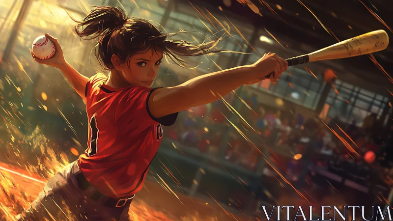 Fierce softball heroine ignites the diamond in mid-swing.