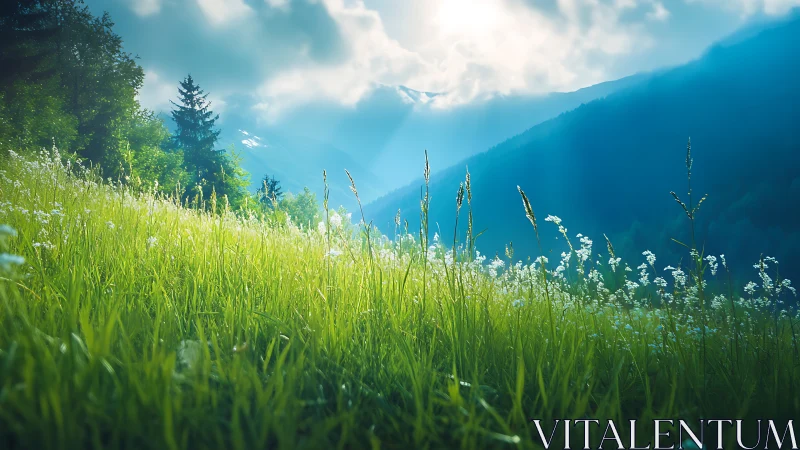Mountain slope meadow shows backlit grass under clouded sky