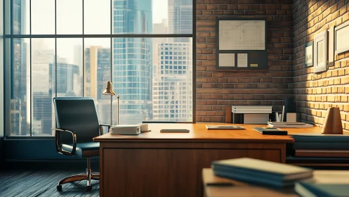 Modern Executive Office Overlooking Cityscape Skyline.