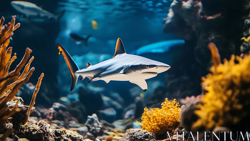 Graceful reef shark glides through vivid coral habitat.