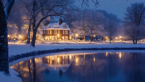Snowy lakeside house glows warmly under a winter twilight.