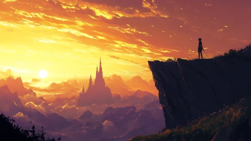 Solitary figure on cliff overlooking distant mountain castle.