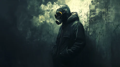 Hooded figure in gas mask stands in toxic urban chiaroscuro