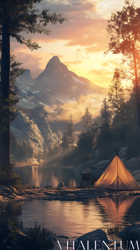 Sunlit alpine campsite beside reflective river, vertical digital painting.