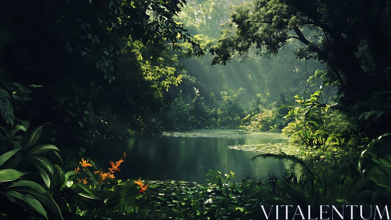 Sunlit forest pond with dense green foliage and plants.