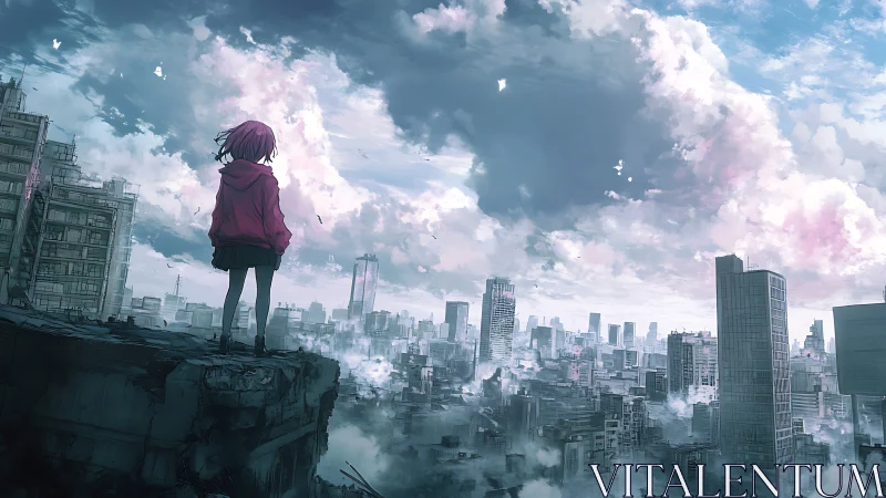 Young dreamer in a red hoodie gazes over a misty cityscape