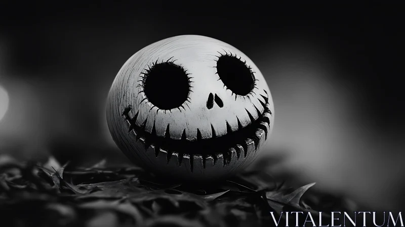 Monochrome carved skull sphere with cinematic shallow focus.