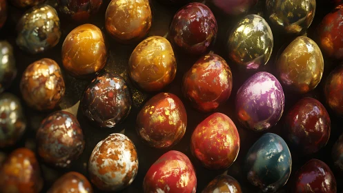 Glowing marbled candy eggs arranged in a cozy rainbow glow.