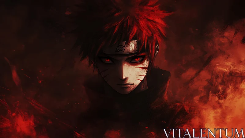 Red eyed anime warrior framed by dark burning haze.