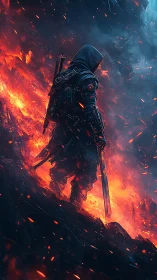 Hooded cyber warrior on volcanic ridge with molten embers