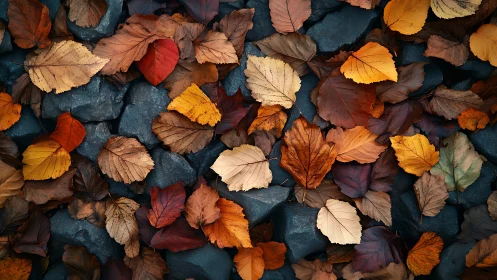 Quiet autumn leaves resting softly on cool river stones.