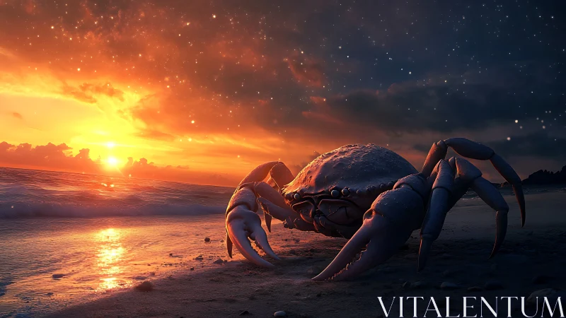 Giant crab on glowing shoreline under vivid sunset sky.