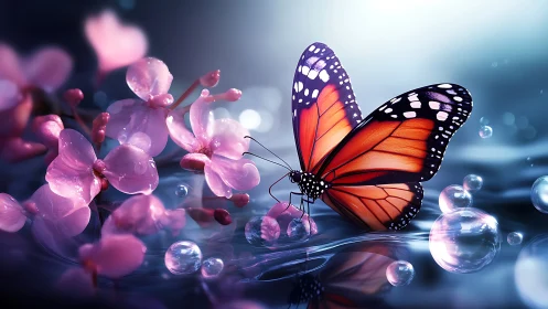 Butterfly rests on wet pink blossoms amid reflective bubbles
