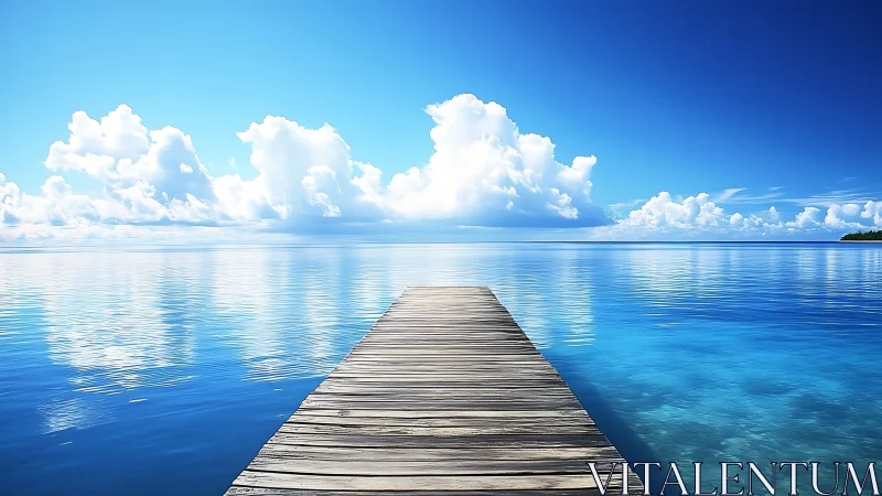 Wooden pier extends into calm tropical sea under clouds