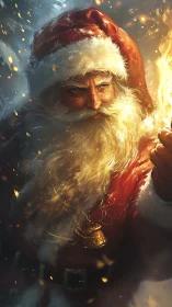 Fiery Santa portrait with dramatic rim light and snowfall.