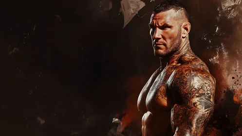 Powerful tattooed athlete stands strong in bold warm light