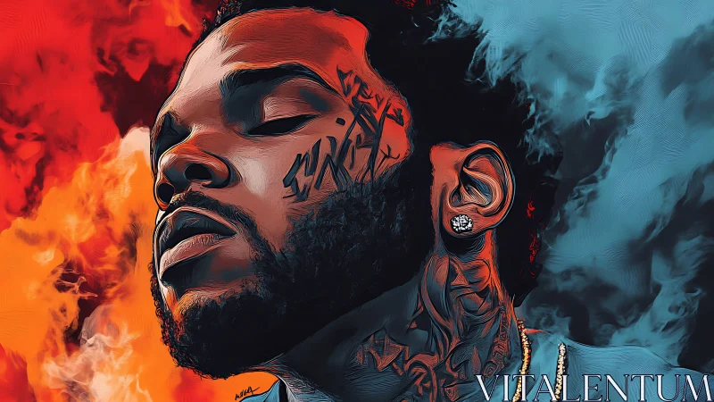 Portrait between fire and ice in stylized digital realism.