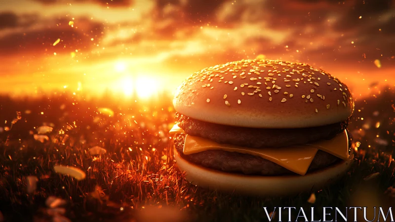 Golden sunset cheeseburger glowing in a dreamy meadow.